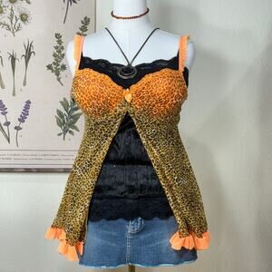 Y2k Mesh Leopard Split Front Babydoll Top Gyaru Sexy Trashy McBling Bimbo Gal L